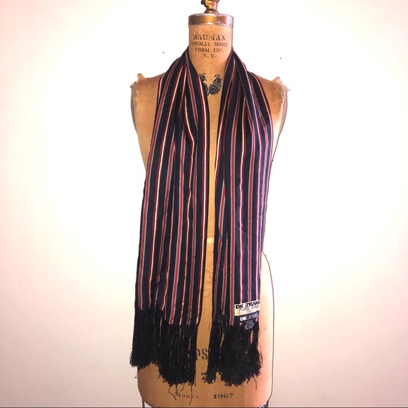 [DK Jeans] Red Navy Silk Strips Fringes Unisex Scarf Muffler - Picture 1 of 6